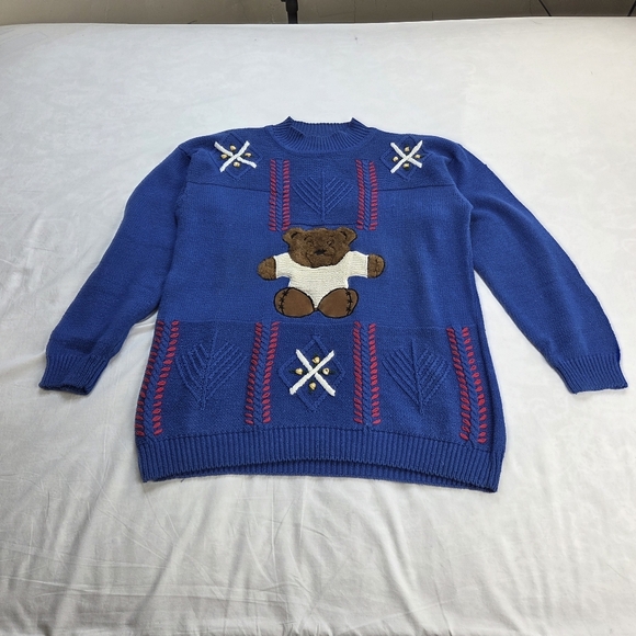 VTG Max and Diane Teddy Bear Sweater Blue Knit Pullover 80s 90s Style M - Picture 7 of 11